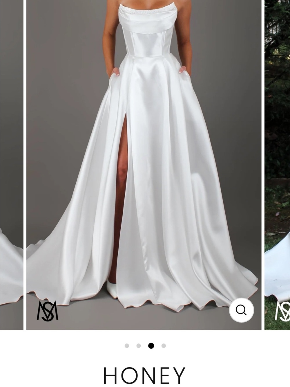Honey Strapless White Satin Wedding Gown with High Slit